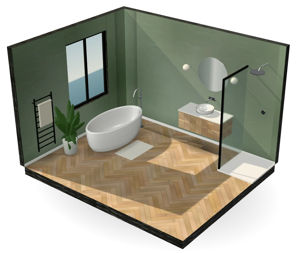 A cut-away bathroom with an oak herringbone floor, a freestanding bath under the window, a wall-hung vanity and a walk-in shower.